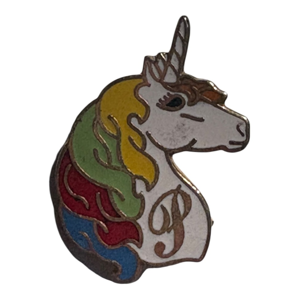 Vintage1981 Ooh La La Enamel Unicorn Initial P Brooch Pin Multicolor 1 inch